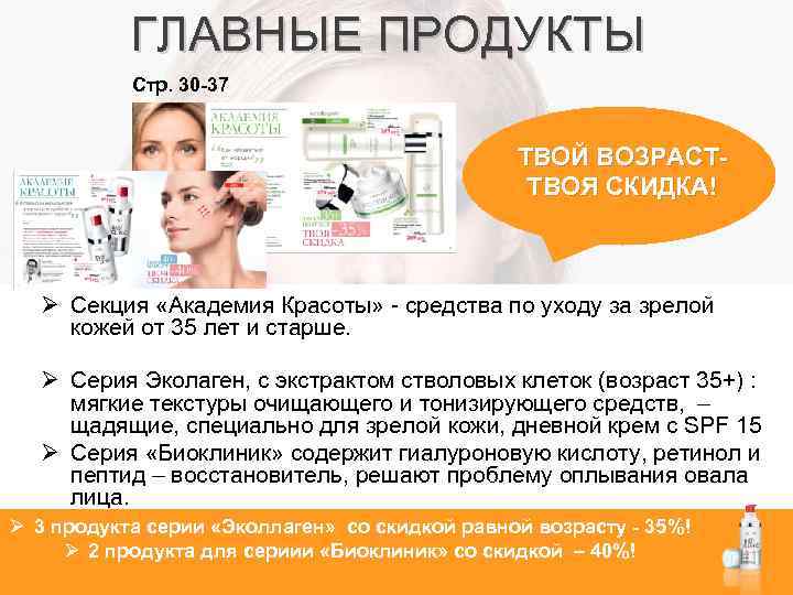 ГЛАВНЫЕ ПРОДУКТЫ Стр. 30 -37 ТВОЙ ВОЗРАСТТВОЯ СКИДКА! Ø Секция «Академия Красоты» - средства