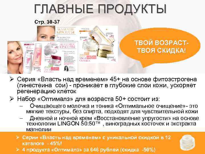 ГЛАВНЫЕ ПРОДУКТЫ Стр. 30 -37 ТВОЙ ВОЗРАСТТВОЯ СКИДКА! Ø Серия «Власть над временем» 45+