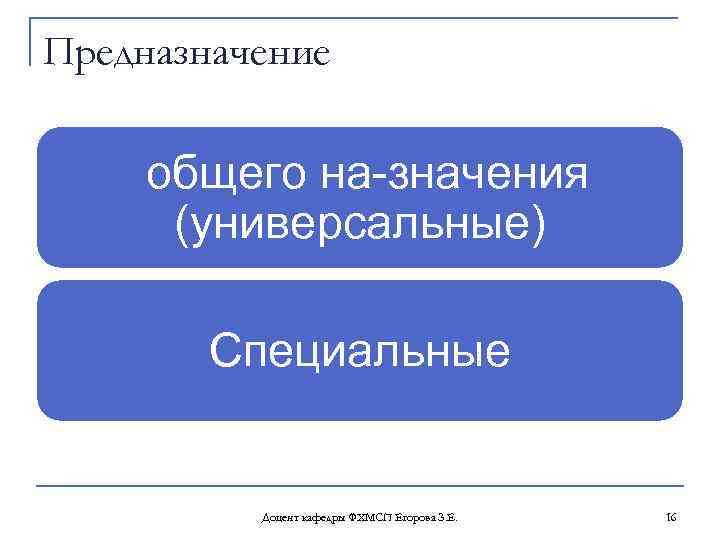 Предназначение общего на значения (универсальные) Специальные Доцент кафедры ФХМСП Егорова З. Е. 16 