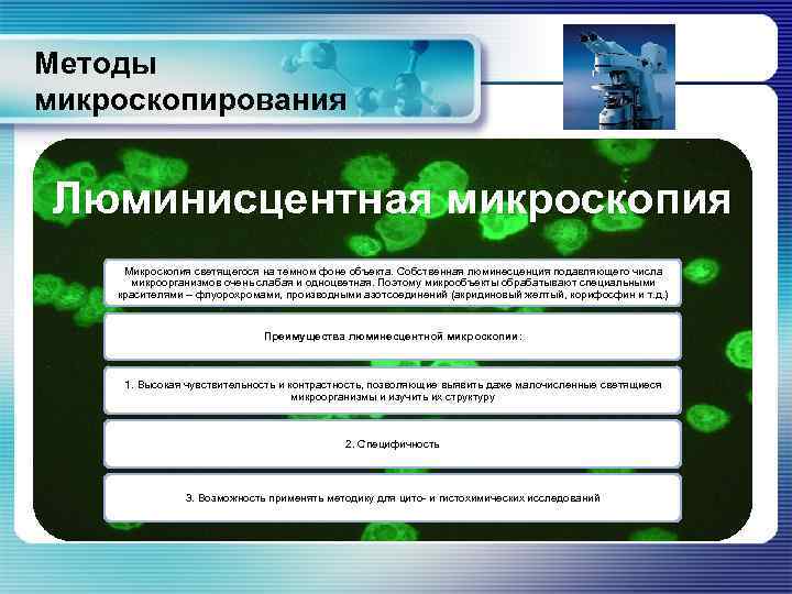 Методы микроскопирования Люминисцентная микроскопия Микроскопия светящегося на темном фоне объекта. Собственная люминесценция подавляющего числа