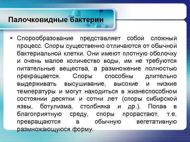 Палочковидные бактерии § Спорообразование представляет собой сложный процесс. Споры существенно отличаются от обычной бактериальной