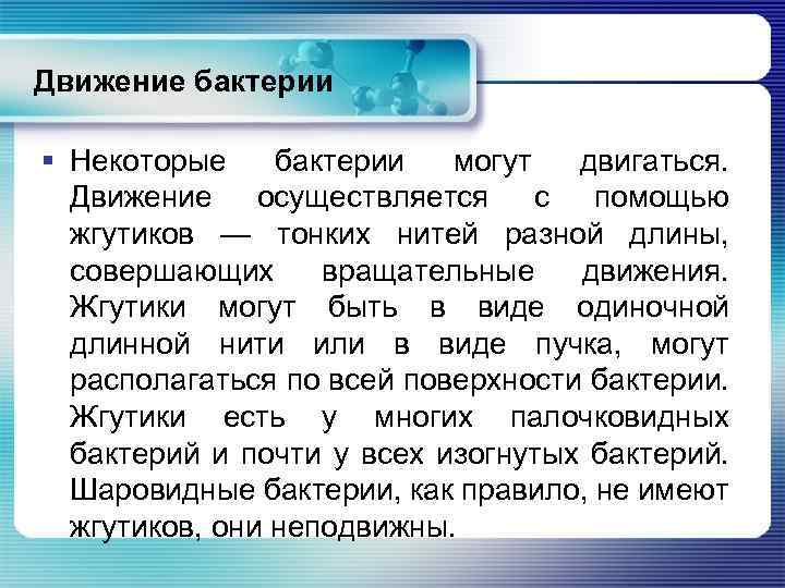 Движение бактерии § Некоторые бактерии могут двигаться. Движение осуществляется с помощью жгутиков — тонких