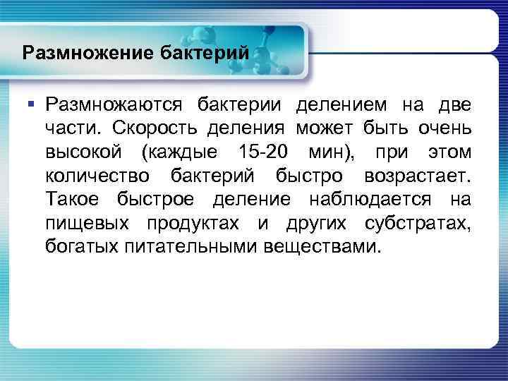Размножение бактерий § Размножаются бактерии делением на две части. Скорость деления может быть очень