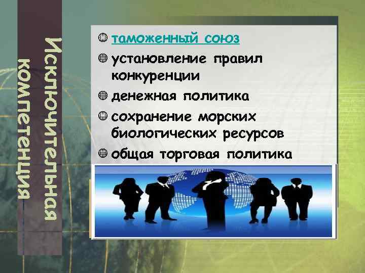 Исключительная компетенция таможенный союз установление правил конкуренции денежная политика сохранение морских биологических ресурсов общая
