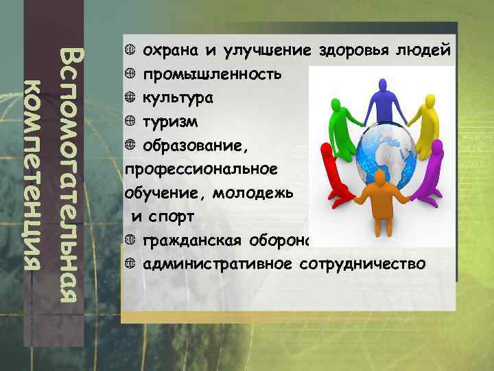 Вспомогательная компетенция охрана и улучшение здоровья людей промышленность культура туризм образование, профессиональное обучение, молодежь