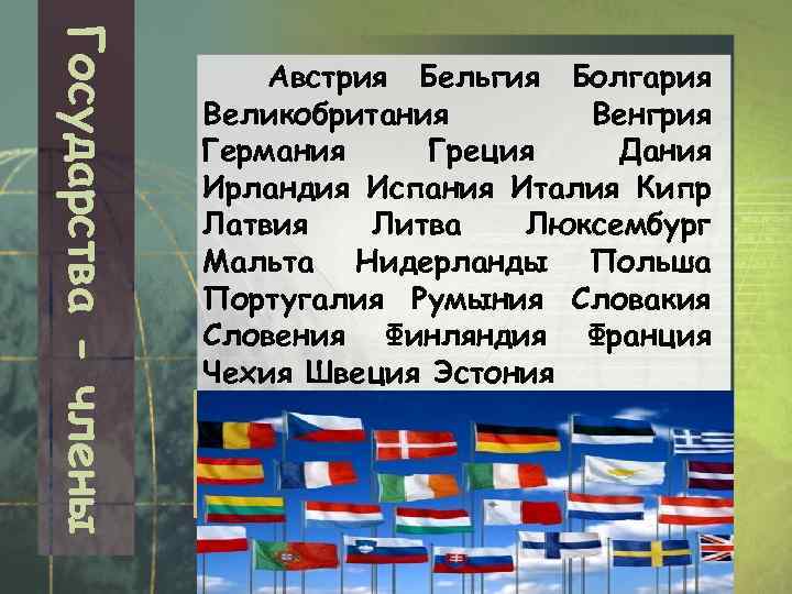 Государства - члены Австрия Бельгия Болгария Великобритания Венгрия Германия Греция Дания Ирландия Испания Италия