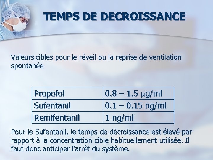 TEMPS DE DECROISSANCE Valeurs cibles pour le réveil ou la reprise de ventilation spontanée