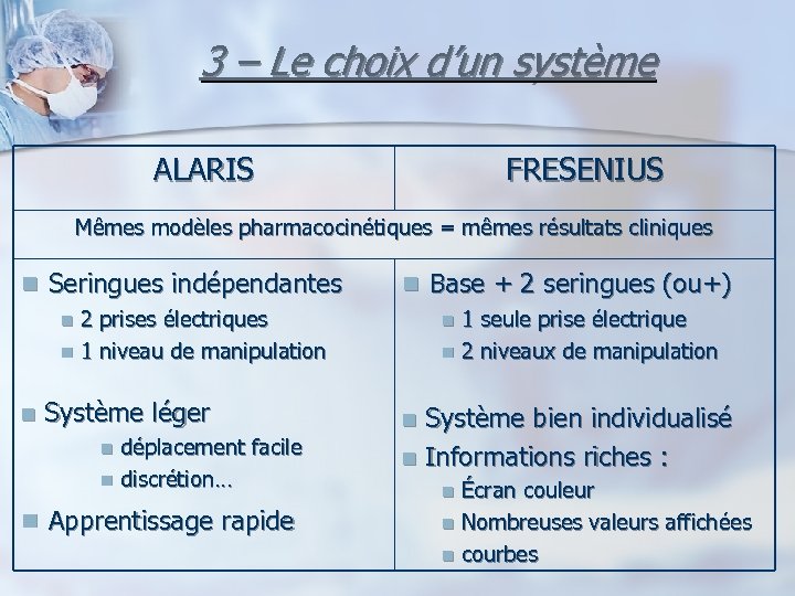 3 – Le choix d’un système ALARIS FRESENIUS Mêmes modèles pharmacocinétiques = mêmes résultats