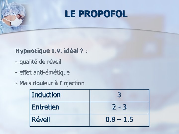 LE PROPOFOL Hypnotique I. V. idéal ? : - qualité de réveil - effet