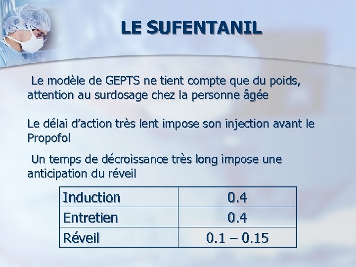 LE SUFENTANIL Le modèle de GEPTS ne tient compte que du poids, attention au