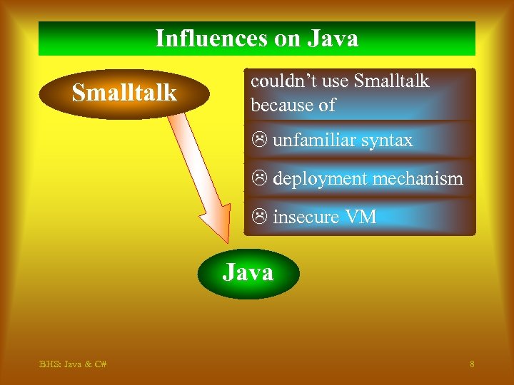 Influences on Java Smalltalk couldn’t use Smalltalk because of unfamiliar syntax deployment mechanism insecure