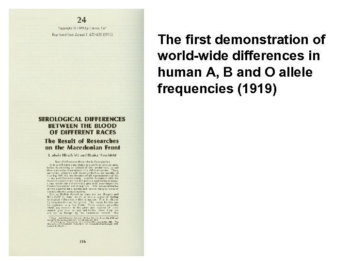 The first demonstration of world-wide differences in human A, B and O allele frequencies