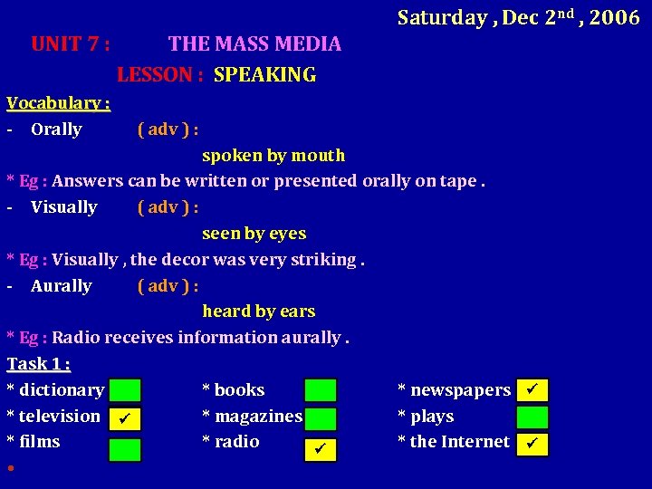 Saturday , Dec 2 nd , 2006 UNIT 7 : Vocabulary : - Orally