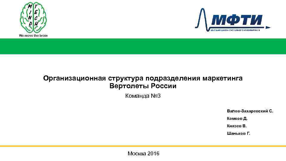 Организационная структура подразделения маркетинга Вертолеты России Команда № 3 Валов-Захаревский С. Комков Д. Князев