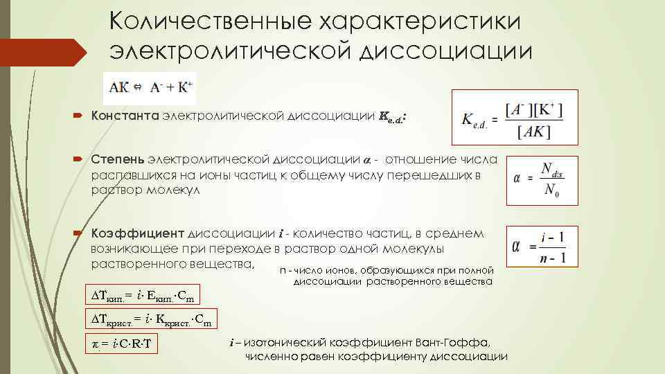 Количественные характеристики связи. Количественная характеристика электролитической диссоциации. Формула для расчета степени диссоциации.