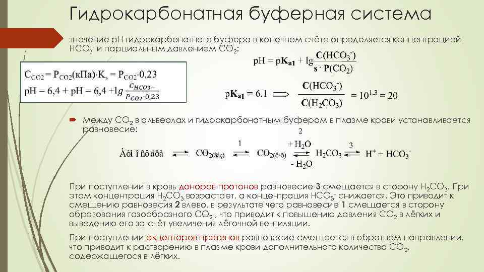 Гидрокарбонатная буферная система значение р. Н гидрокарбонатного буфера в конечном счёте определяется концентрацией НСО