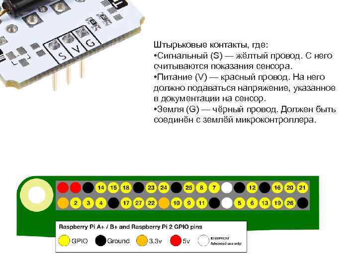 Штырьковые контакты, где: • Сигнальный (S) — жёлтый провод. С него считываются показания сенсора.