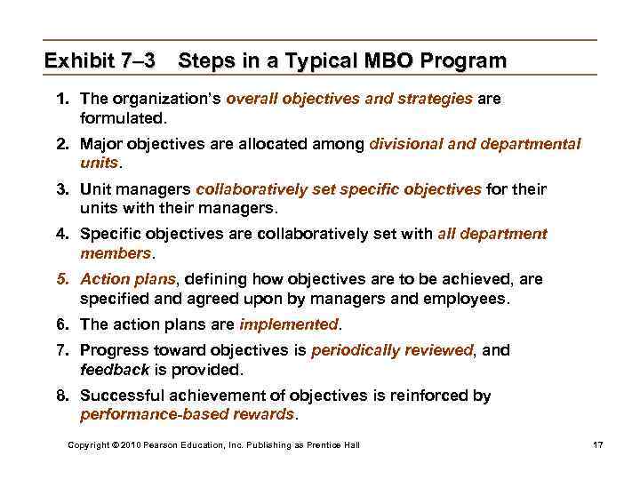 Exhibit 7– 3 Steps in a Typical MBO Program 1. The organization’s overall objectives