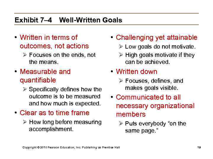 Exhibit 7– 4 Well-Written Goals • Written in terms of outcomes, not actions Ø