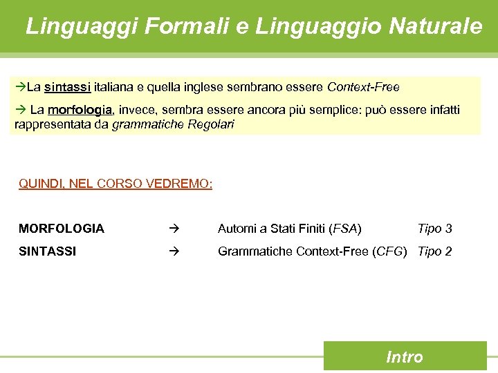 Linguaggi Formali e Linguaggio Naturale La sintassi italiana e quella inglese sembrano essere Context-Free