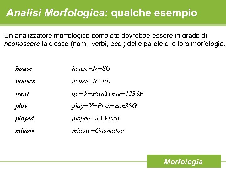 Analisi Morfologica: qualche esempio Un analizzatore morfologico completo dovrebbe essere in grado di riconoscere