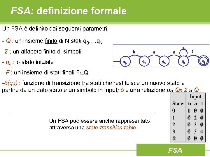 FSA: definizione formale Un FSA è definito dai seguenti parametri: - Q : un