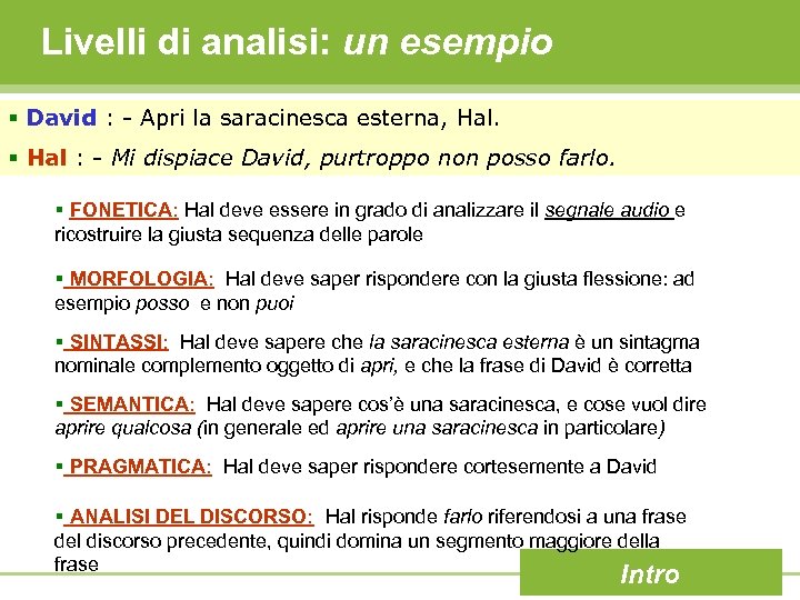 Livelli di analisi: un esempio § David : - Apri la saracinesca esterna, Hal.