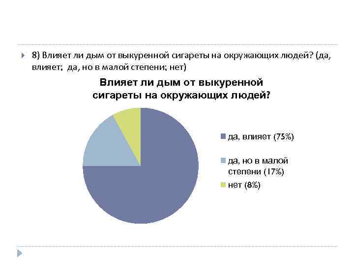  8) Влияет ли дым от выкуренной сигареты на окружающих людей? (да, влияет; да,