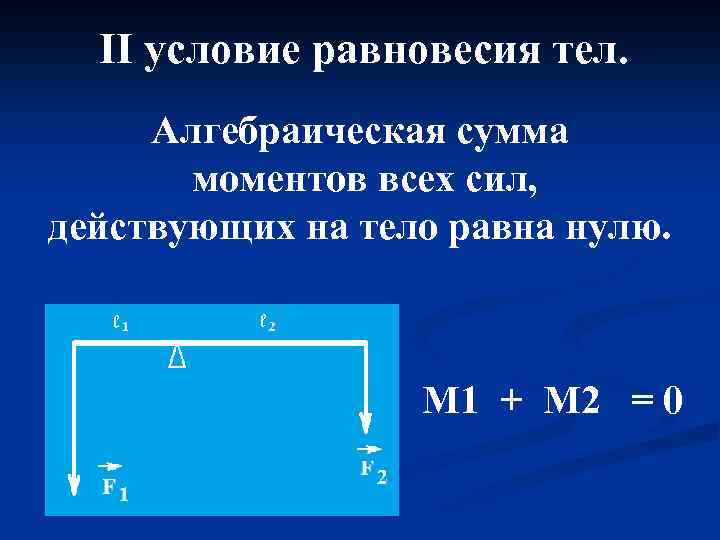 II условие равновесия тел. Алгебраическая сумма моментов всех сил, действующих на тело равна нулю.