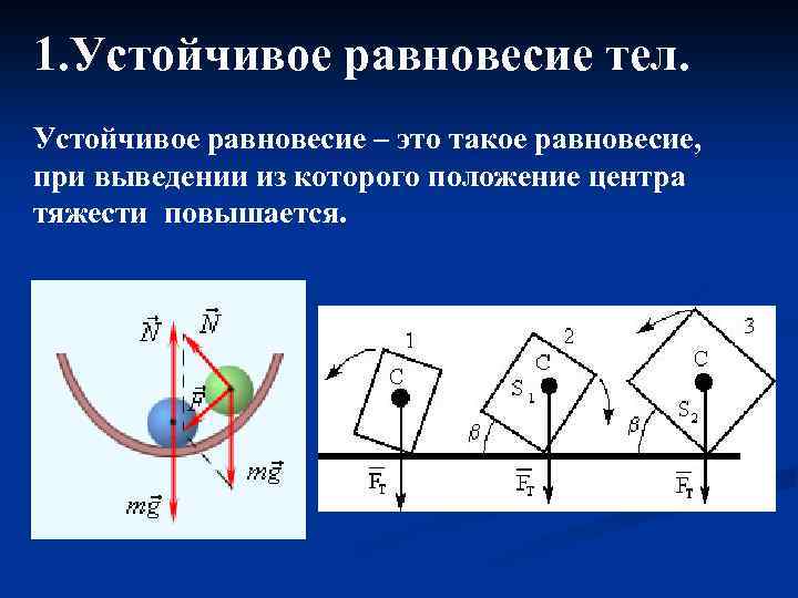 1. Устойчивое равновесие тел. Устойчивое равновесие – это такое равновесие, при выведении из которого