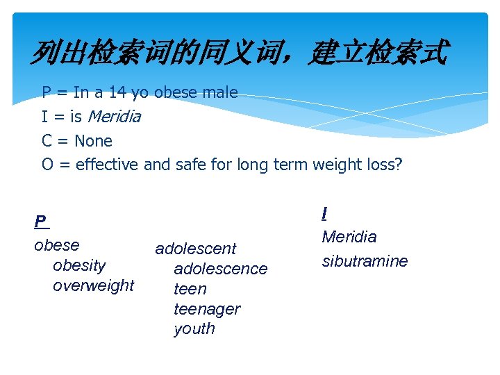 列出检索词的同义词，建立检索式 P = In a 14 yo obese male I = is Meridia C