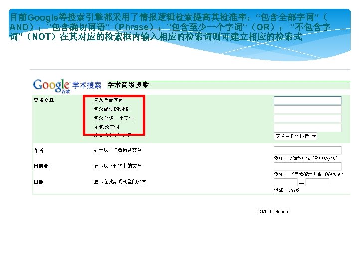 目前Google等搜索引擎都采用了情报逻辑检索提高其检准率：“包含全部字词”（ AND）；”包含确切词语“（Phrase）；”包含至少一个字词“（OR）； “不包含字 词”（NOT）在其对应的检索框内输入相应的检索词则可建立相应的检索式 