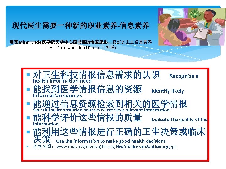 现代医生需要一种新的职业素养-信息素养 美国Miami Dade 医学院医学中心图书馆的专家提出，良好的卫生信息素养 （ Health Information Literate ）包括： 对卫生科技情报信息需求的认识 health information need 能找到医学情报信息的资源