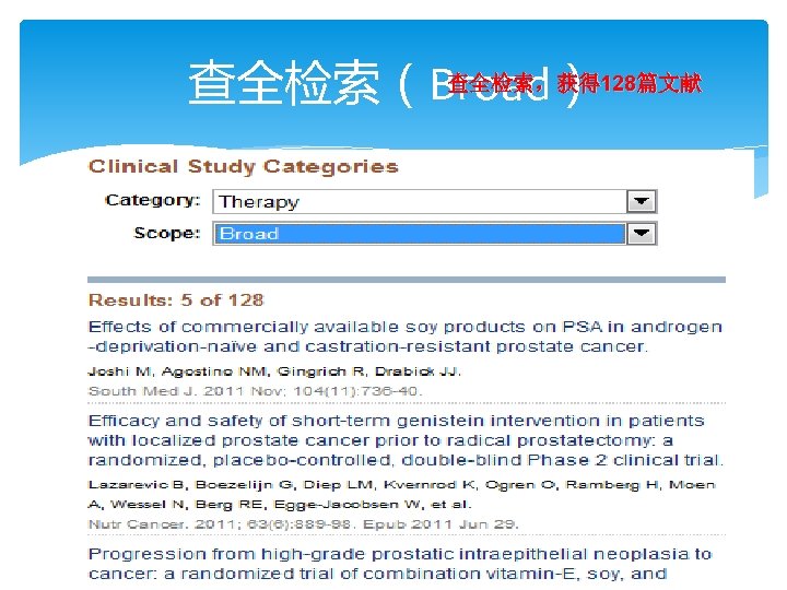 查全检索，获得 查全检索（Broad）128篇文献 