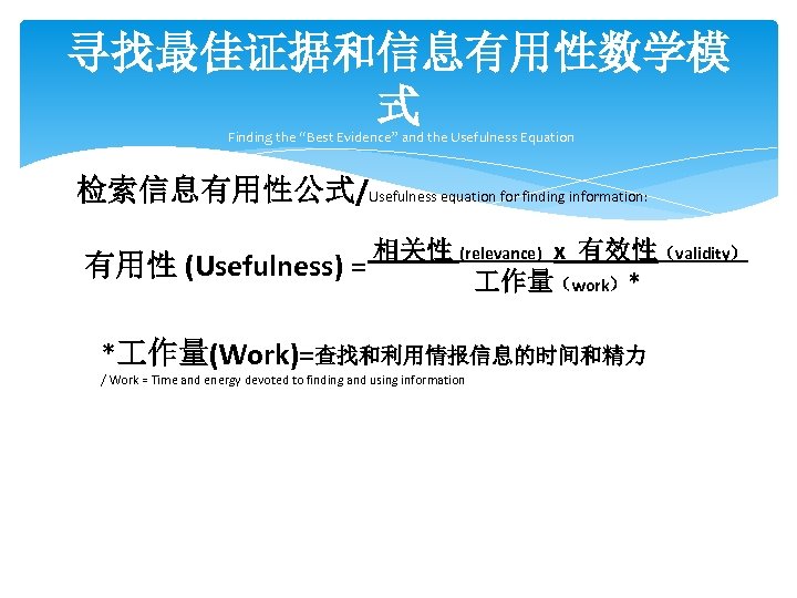 寻找最佳证据和信息有用性数学模 式 Finding the “Best Evidence” and the Usefulness Equation 检索信息有用性公式/Usefulness equation for finding