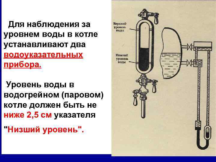 Для наблюдения за уровнем воды в котле устанавливают два водоуказательных прибора. Уровень воды в