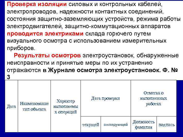 Проверка изоляции силовых и контрольных кабелей, электропроводов, надежности контактных соединений, состояния защитно-заземляющих устройств, режима