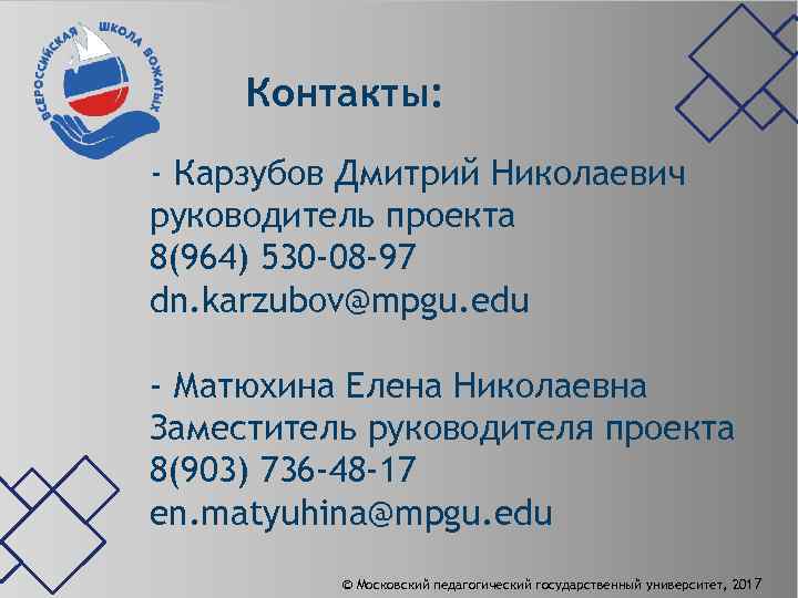Контакты: - Карзубов Дмитрий Николаевич руководитель проекта 8(964) 530 -08 -97 dn. karzubov@mpgu. edu