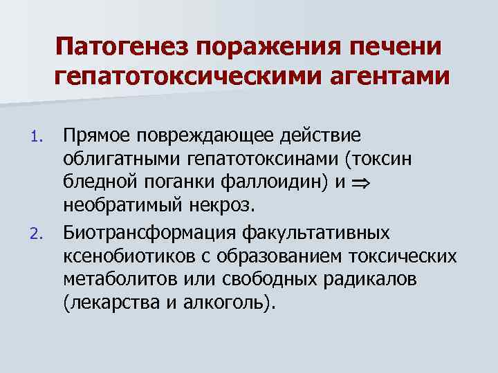 Патогенез поражения печени гепатотоксическими агентами Прямое повреждающее действие облигатными гепатотоксинами (токсин бледной поганки фаллоидин)