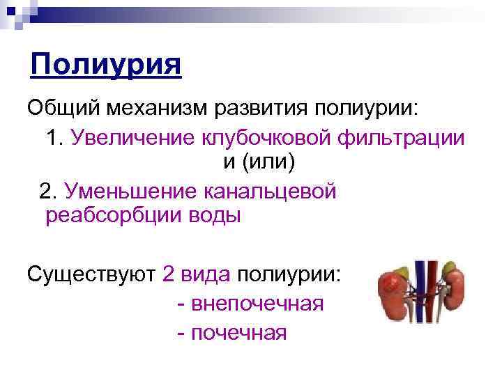 Полиурия Общий механизм развития полиурии: 1. Увеличение клубочковой фильтрации и (или) 2. Уменьшение канальцевой