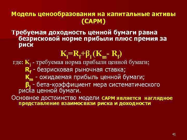 Модель ценообразования на капитальные активы (CAPM) Требуемая доходность ценной бумаги равна безрисковой норме прибыли