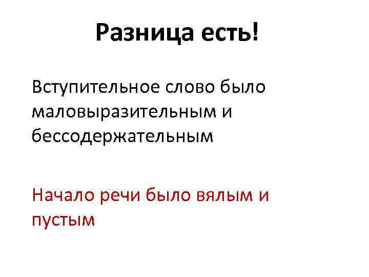 Разница есть! Вступительное слово было маловыразительным и бессодержательным Начало речи было вялым и пустым