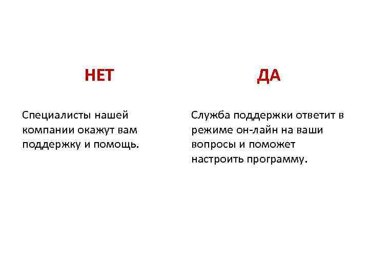 НЕТ Специалисты нашей компании окажут вам поддержку и помощь. ДА Служба поддержки ответит в