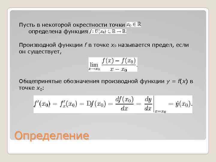 Пусть в некоторой окрестности точки определена функция Производной функции f в точке x 0