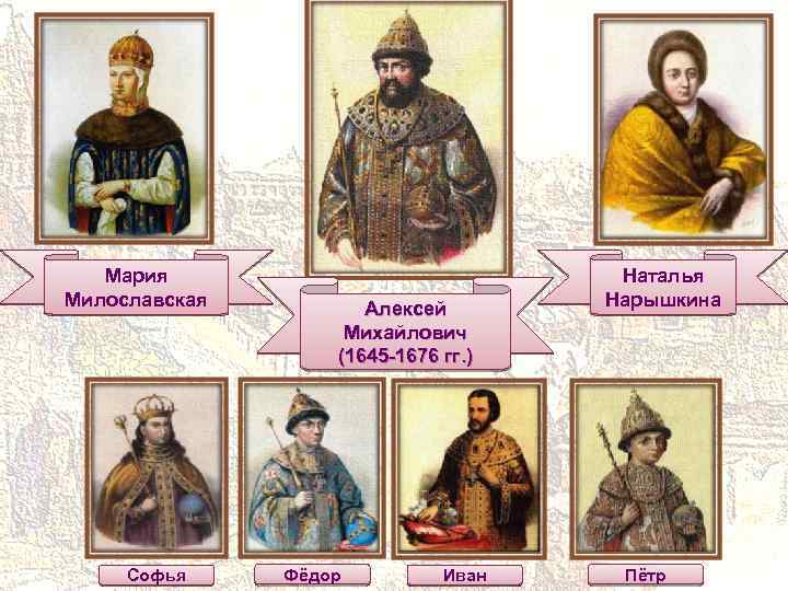 Мария Милославская Софья Алексей Михайлович (1645 -1676 гг. ) Фёдор Иван Наталья Нарышкина Пётр
