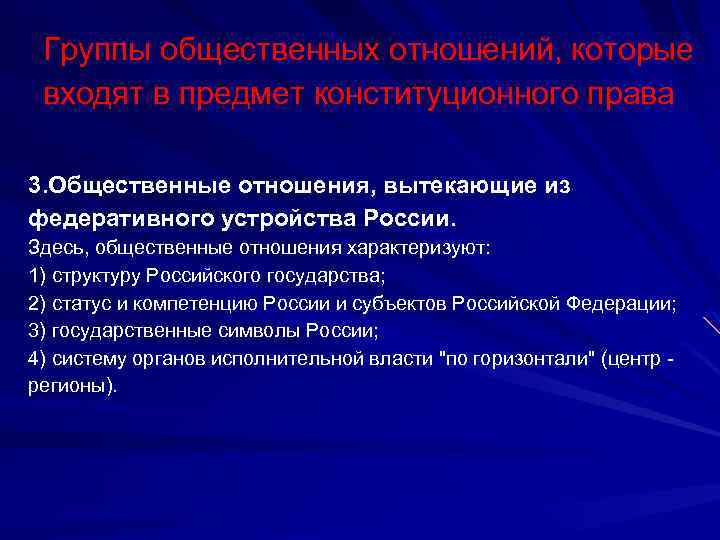 Группы общественных отношений, которые входят в предмет конституционного права 3. Общественные отношения, вытекающие из