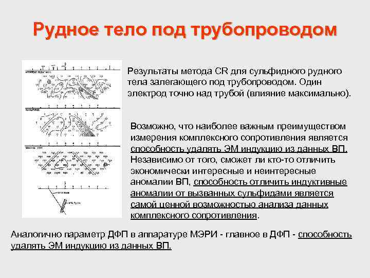 Рудное тело под трубопроводом Результаты метода CR для сульфидного рудного тела залегающего под трубопроводом.