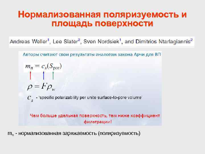 Нормализованная поляризуемость и площадь поверхности mn - нормализованная заряжаемость (поляризуемость) 