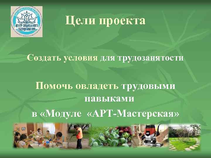 Цели проекта Создать условия для трудозанятости Помочь овладеть трудовыми навыками в «Модуле «АРТ-Мастерская» 
