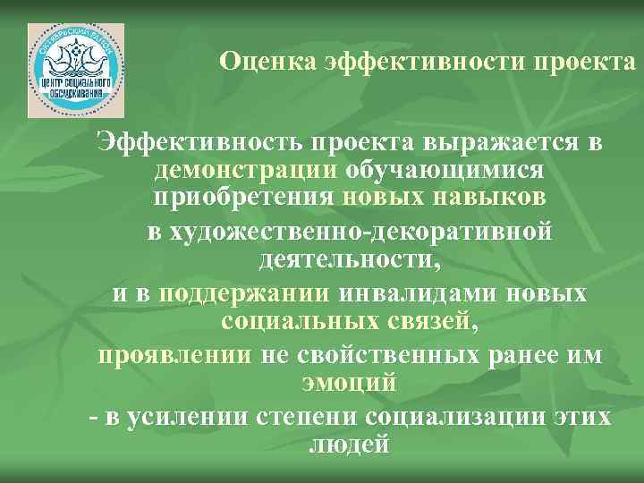 Оценка эффективности проекта Эффективность проекта выражается в демонстрации обучающимися приобретения новых навыков в художественно-декоративной
